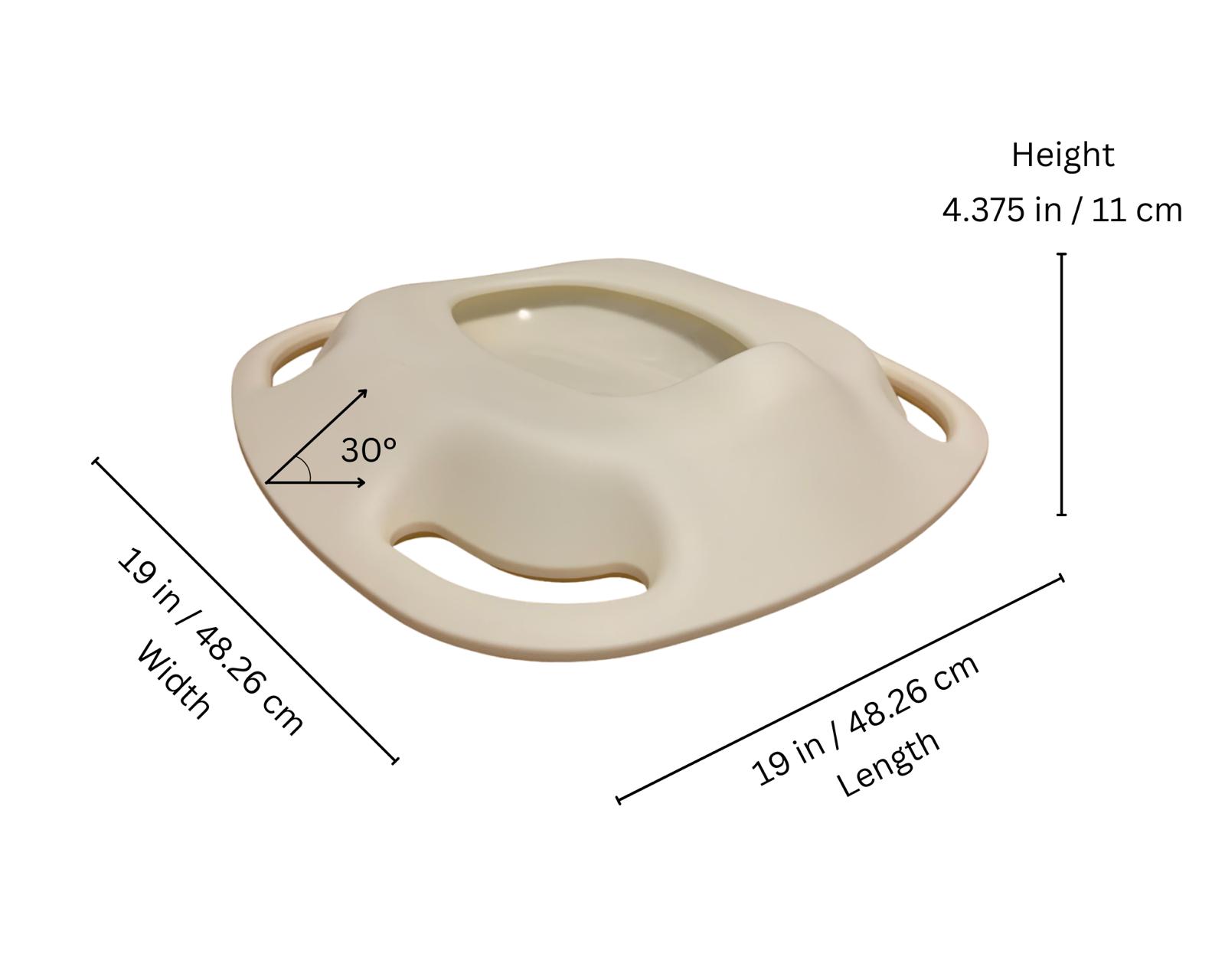 Bedpan dimensions, width 19in (48.26 cm) length 19in (48.26 cm), height 4.375 in (11 cm) 30 degree angle slope